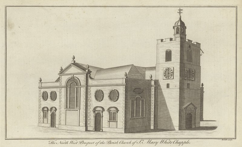 Prospetto nord-ovest della Chiesa Parrocchiale di Santa Maria Whitechapel, Londra da English School