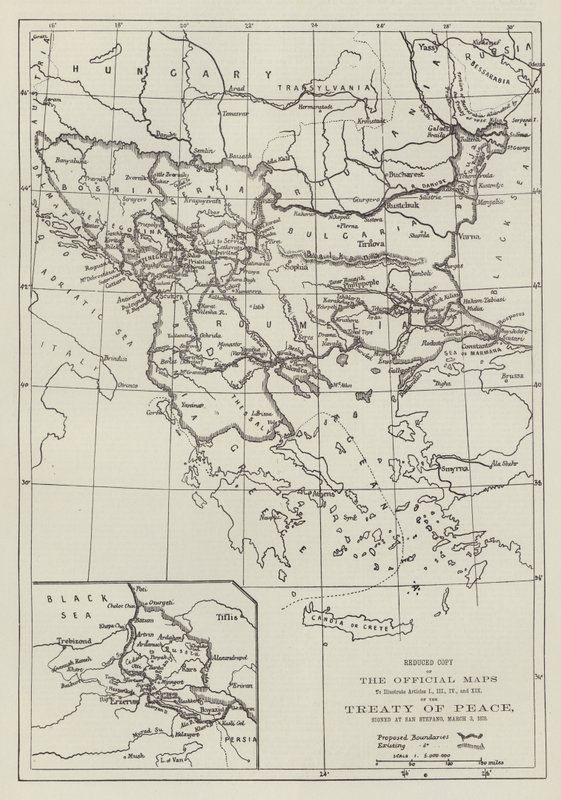 Le mappe ufficiali del trattato di pace, firmato a San Stefano, 3 marzo 1878 da English School