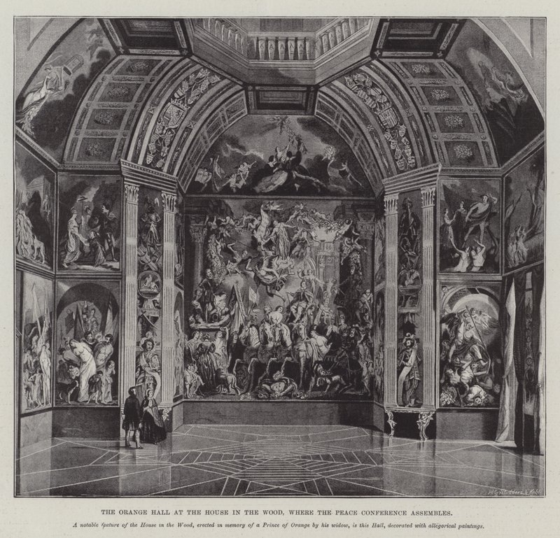 La Sala Arancione alla Casa nel Bosco, dove si riunisce la Conferenza di Pace (incisione) da English School