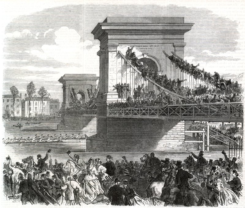 La gara di canottaggio Oxford e Cambridge, scena al ponte di Hammersmith da English School