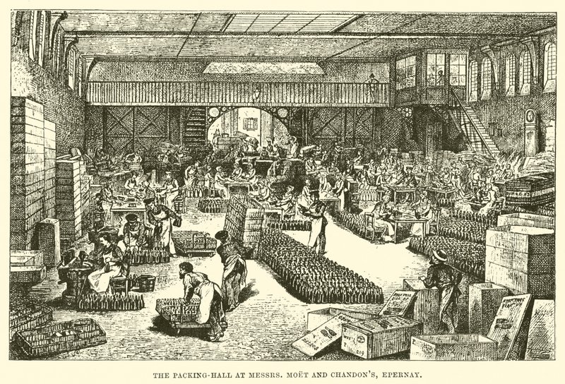 La sala di imballaggio presso Messrs Moet e Chandon, Epernay (incisione) da English School