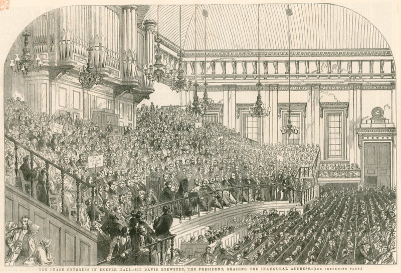 Il Congresso della Pace a Exeter Hall, Sir David Brewster, il presidente, legge il discorso inaugurale da English School