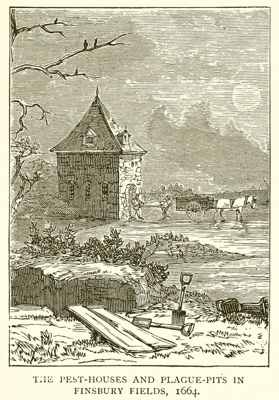 Le case della peste e le fosse comuni nei campi di Finsbury, 1664 da English School