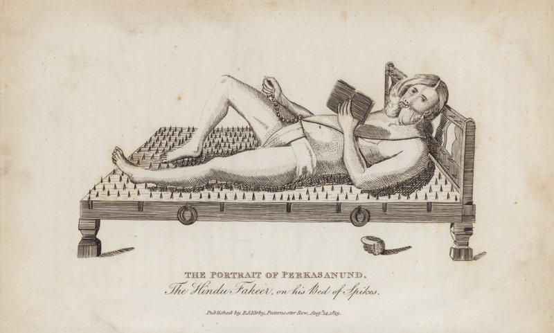 Il ritratto di Perkasanund, il fachiro indù, sul suo letto di spine (incisione) da English School
