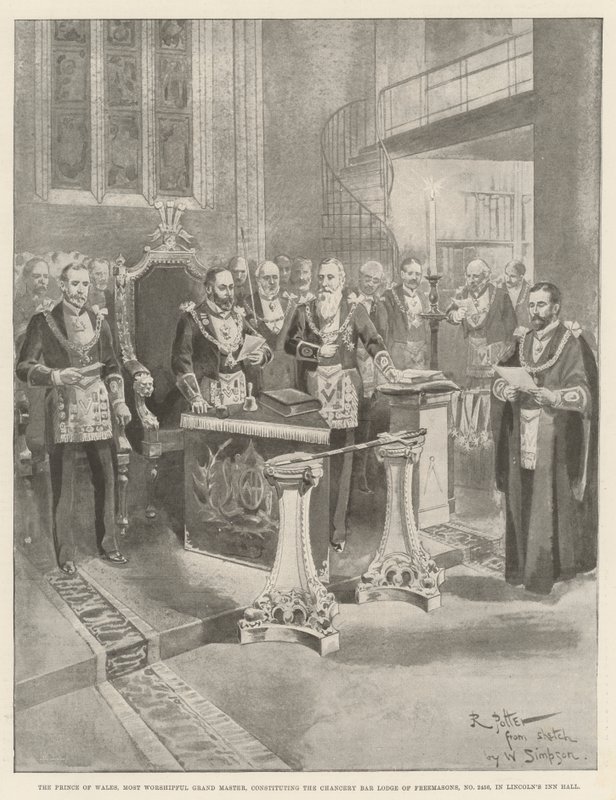 Il principe di Galles, Gran Maestro, che costituisce la Chancery Bar Lodge of Freemasons, No 2456, nella Lincoln