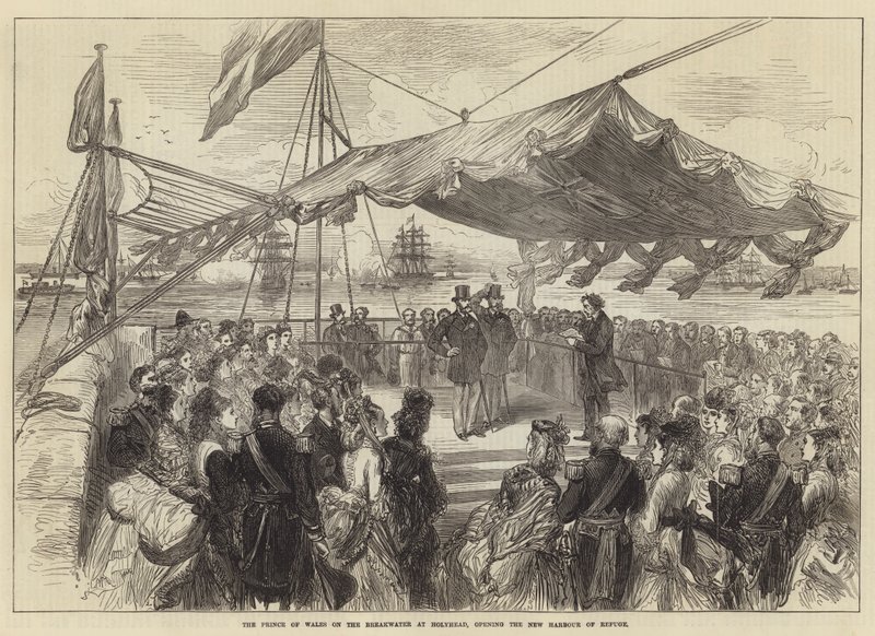 Il Principe di Galles sul frangiflutti a Holyhead, inaugurazione del nuovo porto di rifugio da English School