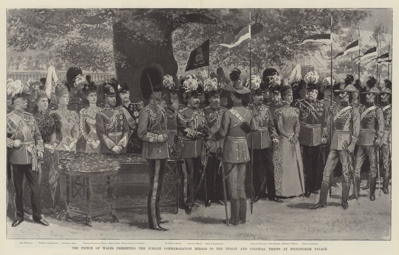 Il Principe di Galles presenta le medaglie commemorative del Giubileo alle truppe indiane e coloniali a Buckingham Palace (litografia) da English School