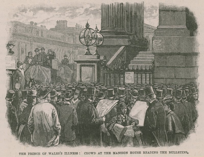 Malattia del Principe di Galles: Folla alla Mansion House che legge i bollettini da English School