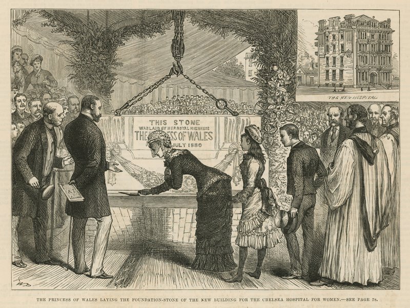 La Principessa del Galles che posa la prima pietra del nuovo edificio per il Chelsea Hospital for Women da English School