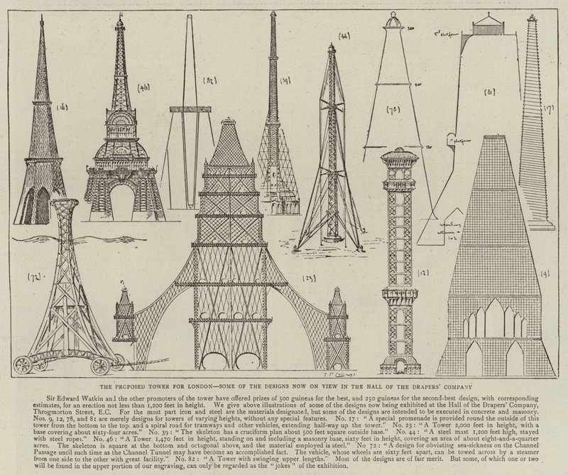 La torre proposta per Londra, alcuni dei progetti ora in mostra nella sala della Drapers
