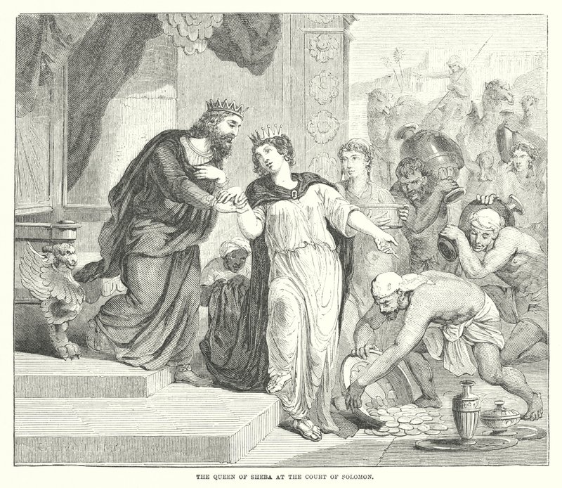 La regina di Saba alla corte di Salomone (incisione) da English School