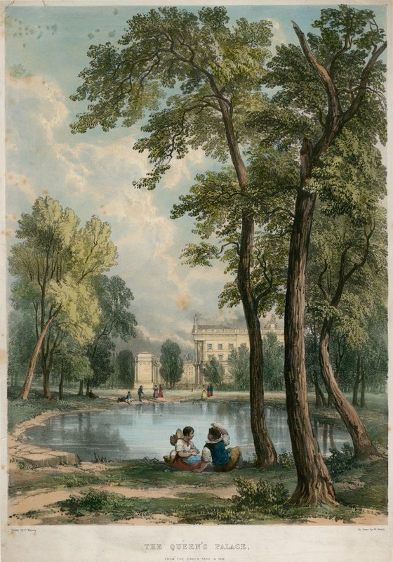 Il Palazzo della Regina, dal Green Park nel 1836 da English School
