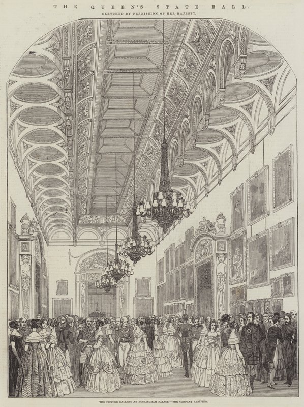 Il ballo di stato della Regina, la galleria dei quadri a Buckingham Palace, l