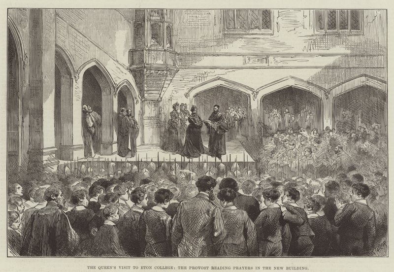 La visita della regina al Eton College, il prevosto che legge le preghiere nel nuovo edificio da English School