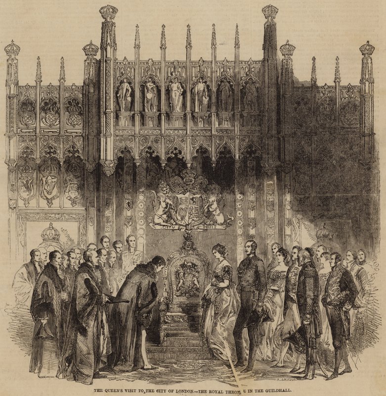 La visita della Regina alla Città di Londra, il trono reale nella Guildhall (incisione) da English School