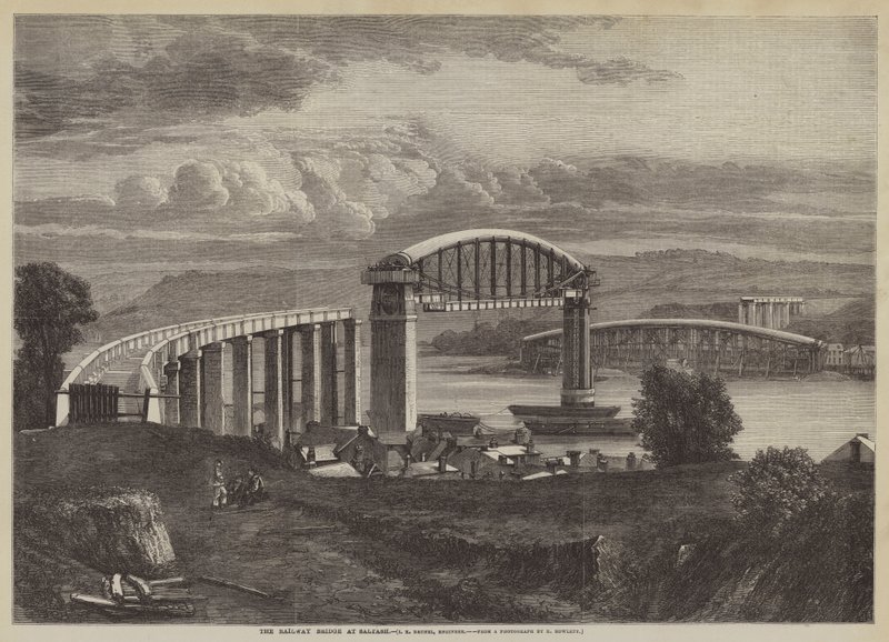 Il ponte ferroviario a Saltash, I K Brunel, ingegnere (incisione) da English School