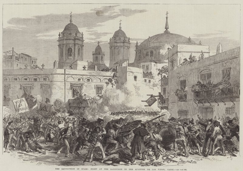 La rivoluzione in Spagna, combattimento alla barricata nel quartiere de Los Vinas, Cadice (incisione) da English School