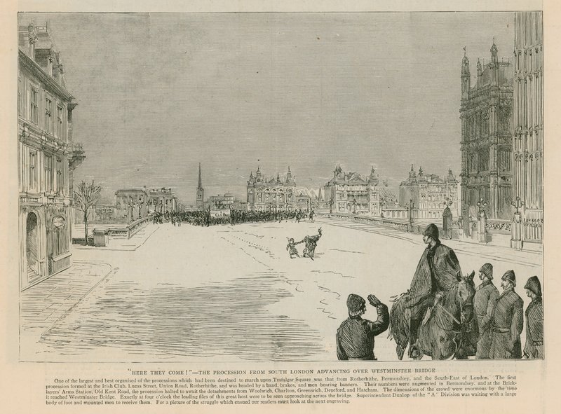La rivolta a Trafalgar Square: Eccoli che arrivano - la processione dal sud di Londra che avanza su Westminster Bridge da English School