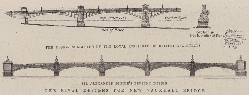 I progetti rivali per il nuovo ponte di Vauxhall (incisione) da English School