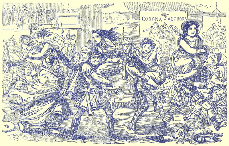 I Romani che portano via le donne Sabine, illustrazione da La Storia Comica di Roma di Gilbert Abbott a Beckett, pubblicata c.1850 da English School