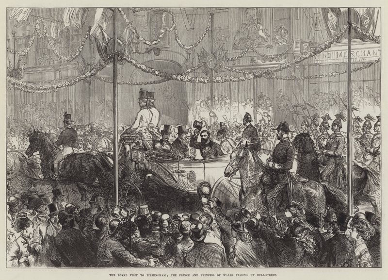 La visita reale a Birmingham, il principe e la principessa del Galles che attraversano Bull-Street (incisione) da English School