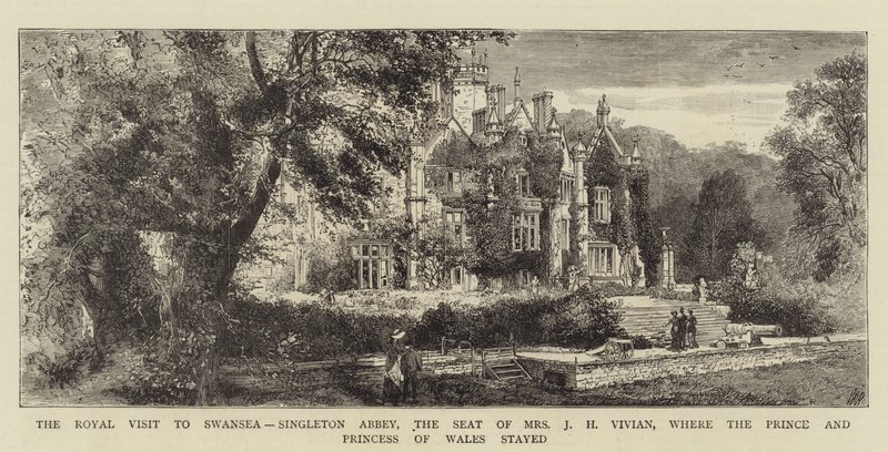La visita reale a Swansea, Singleton Abbey, la residenza di Mrs J H Vivian, dove soggiornarono il Principe e la Principessa del Galles (incisione) da English School