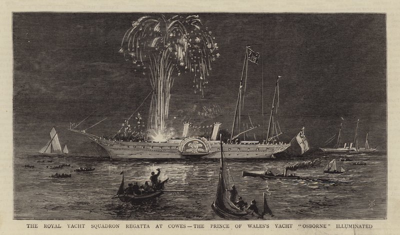La regata del Royal Yacht Squadron a Cowes, lo yacht del principe di Galles "Osborne" illuminato da English School