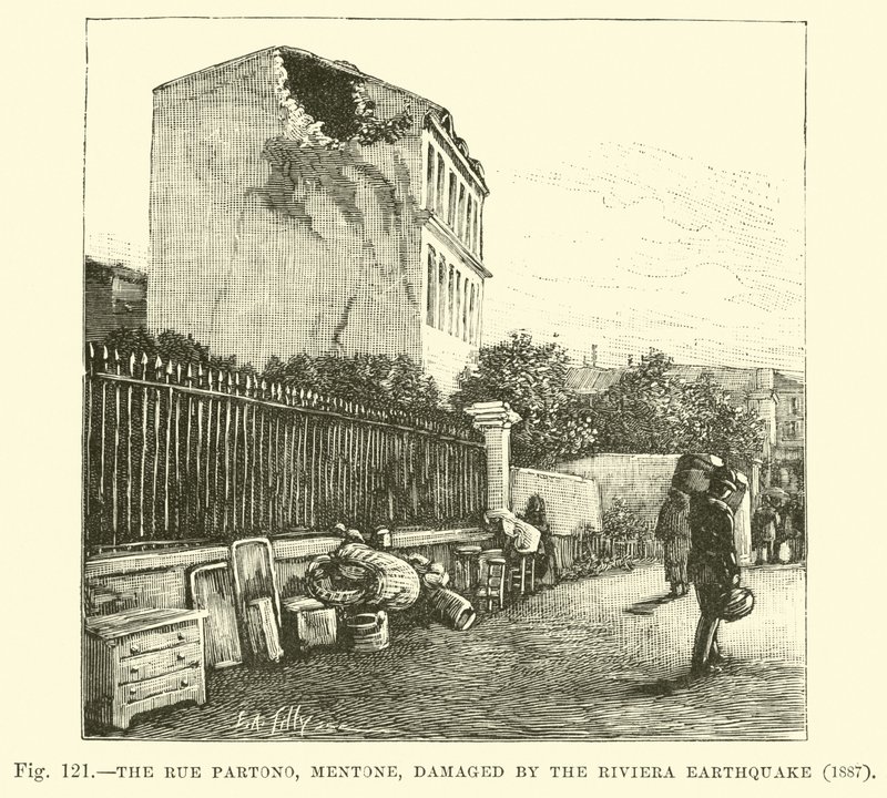 La Rue Partono, Mentone, danneggiata dal terremoto della Riviera, 1887 da English School