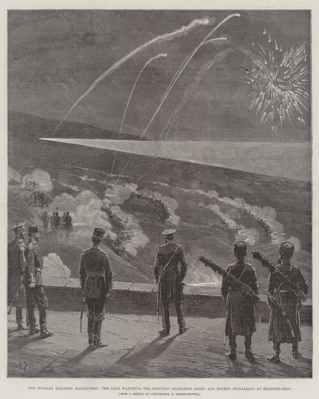 Le Manovre Militari Russe, lo Zar che Osserva la Luce di Ricerca Elettrica e il Segnalamento a Razzo a Krasnoe-Selo da English School