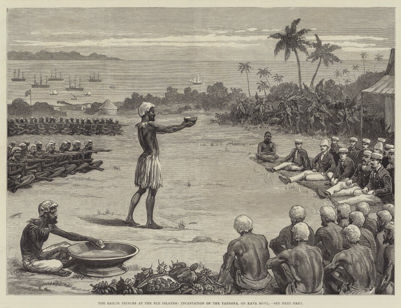 I principi marinai alle isole Fiji, incantesimo della Yangona, o ciotola di Kava (incisione) da English School