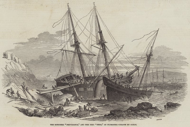 La goletta "Providence," e il brigantino "Hero," a Plymouth (incisione) da English School