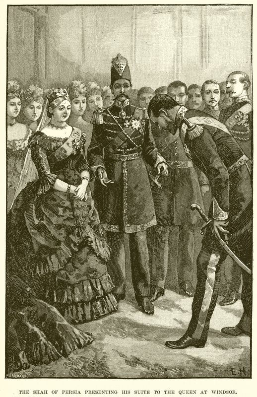 Lo Scià di Persia che presenta il suo seguito alla Regina a Windsor da English School