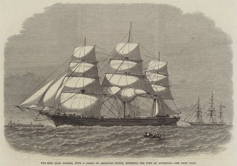 La nave Glad Tidings, con un carico di cotone americano, entra nel porto di Liverpool da English School