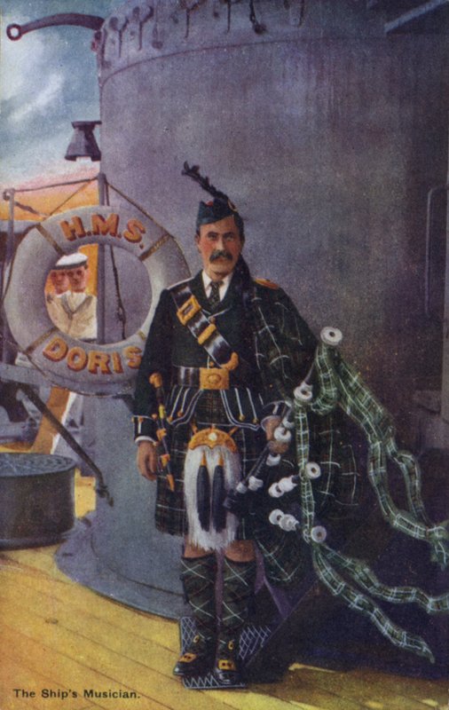 Il musicista della nave, suonatore di cornamusa (litografia a colori) da English School