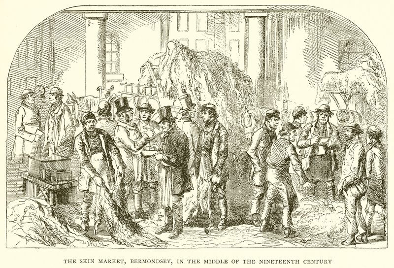 Il mercato delle pelli, Bermondsey, a metà del XIX secolo da English School