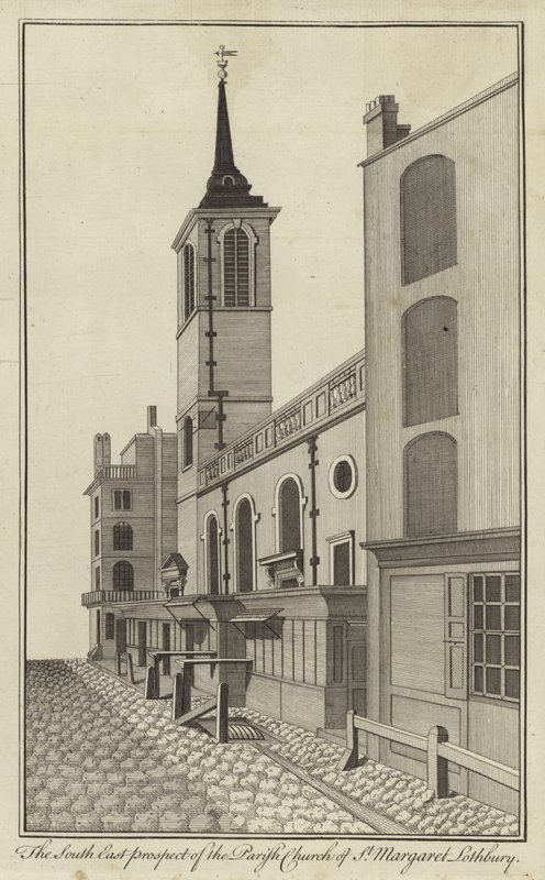 Prospetto sud-est della chiesa parrocchiale di St Margaret Lothbury, Londra da English School