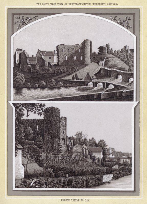 Vista sud-est del castello di Brecknock, XVIII secolo; Castello di Brecon oggi da English School