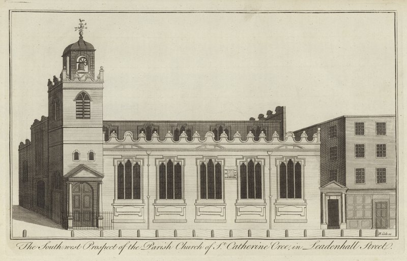 Prospetto sud-ovest della Chiesa parrocchiale di St Catherine Cree in Leadenhall Street, Londra da English School