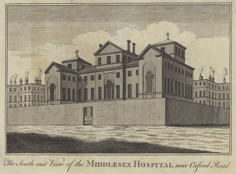 Veduta sud-est del Middlesex Hospital vicino a Oxford Road, Londra da English School