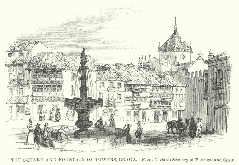 Piazza e Fontana delle Torri, Braga (incisione) da English School