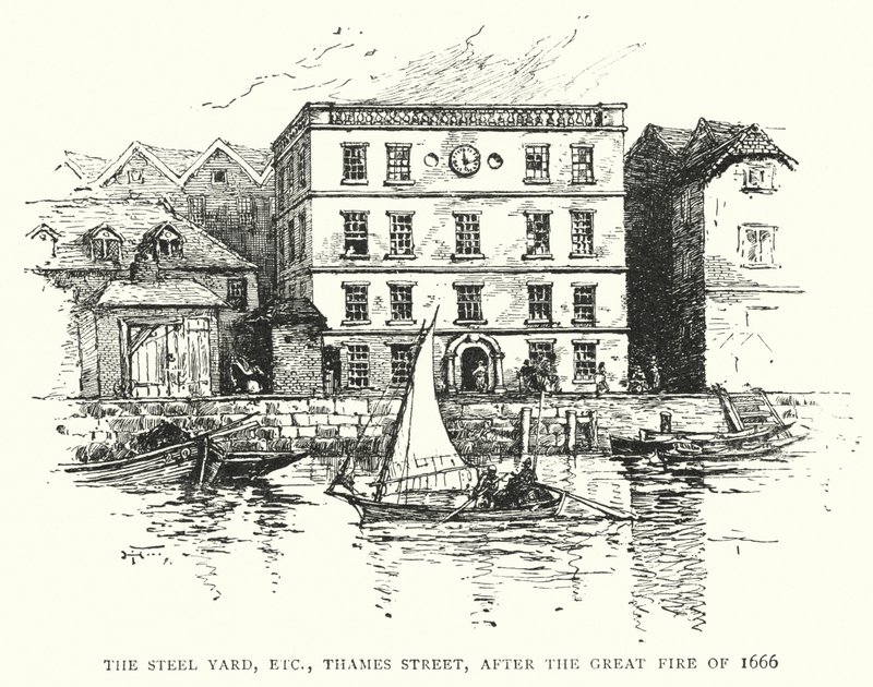 The Steel Yard, ecc, Thames Street, dopo il Grande Incendio del 1666 (incisione) da English School