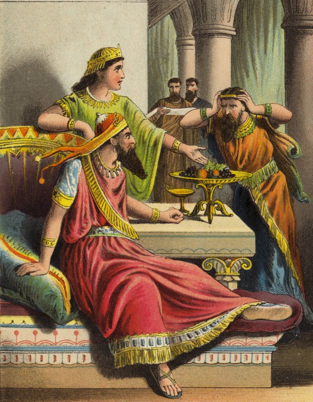 La storia della regina Ester: Ester accusa Aman (litografia a colori) da English School