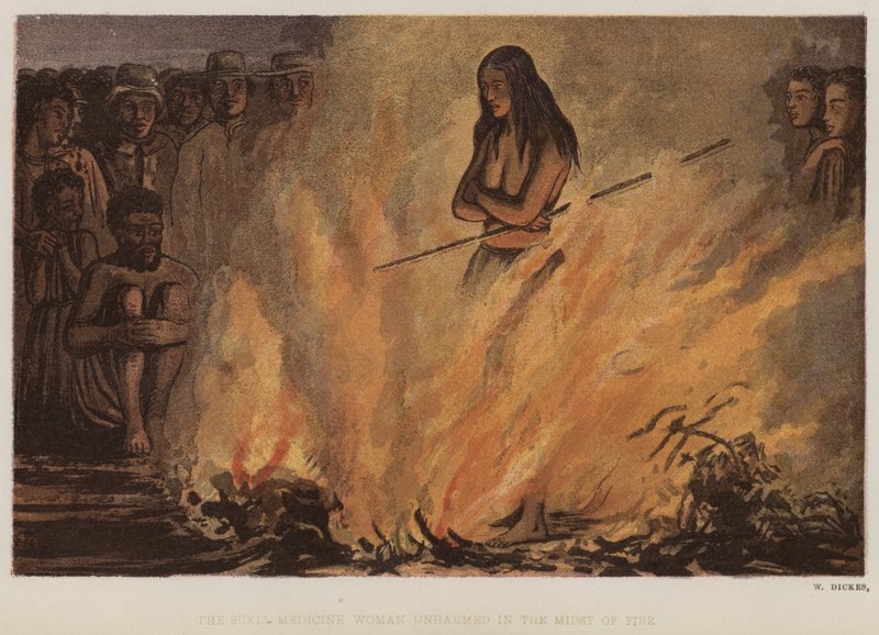 La donna medicina Sukia illesa in mezzo al fuoco (litografia a colori) da English School