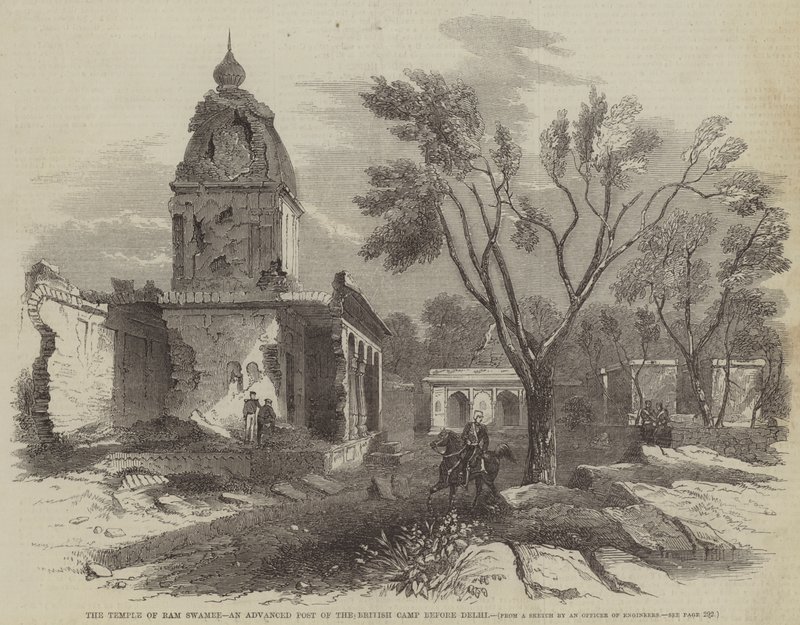 Il Tempio di Ram Swamee, un avamposto del campo britannico davanti a Delhi (incisione) da English School