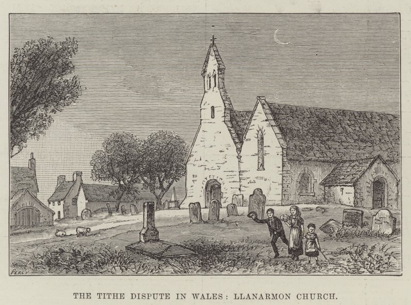 La disputa delle decime in Galles, chiesa di Llanarmon (incisione) da English School