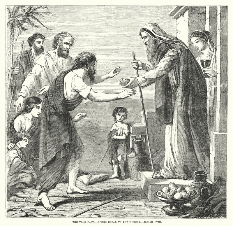Il vero digiuno, dare pane agli affamati, Isaia LVIII (incisione) da English School