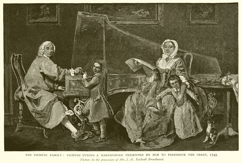 La famiglia Tschudi: Tschudi che accorda uno strumento presentato a Federico il Grande, 1745 da English School