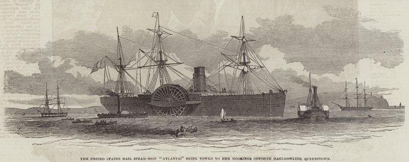 La nave postale degli Stati Uniti "Atlantic" rimorchiata ai suoi ormeggi di fronte a Haulbowline, Queenstown da English School
