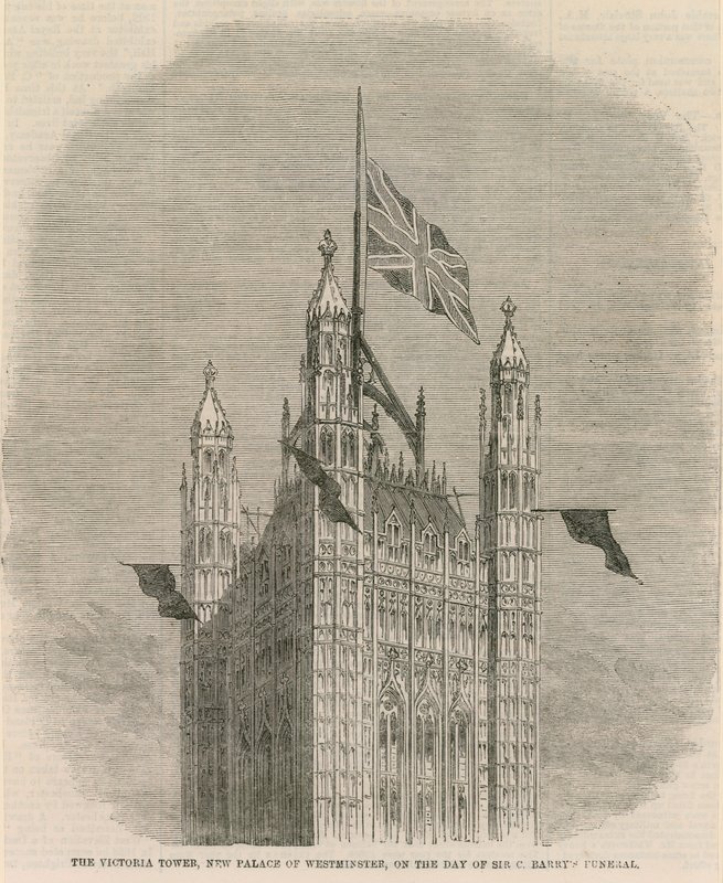 La Torre di Vittoria, nuovo Palazzo di Westminster, il giorno del funerale di Sir C Barnet da English School