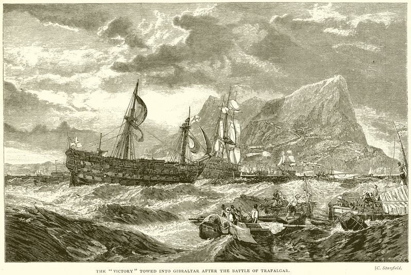 La Vittoria rimorchiata a Gibilterra dopo la battaglia di Trafalgar da English School